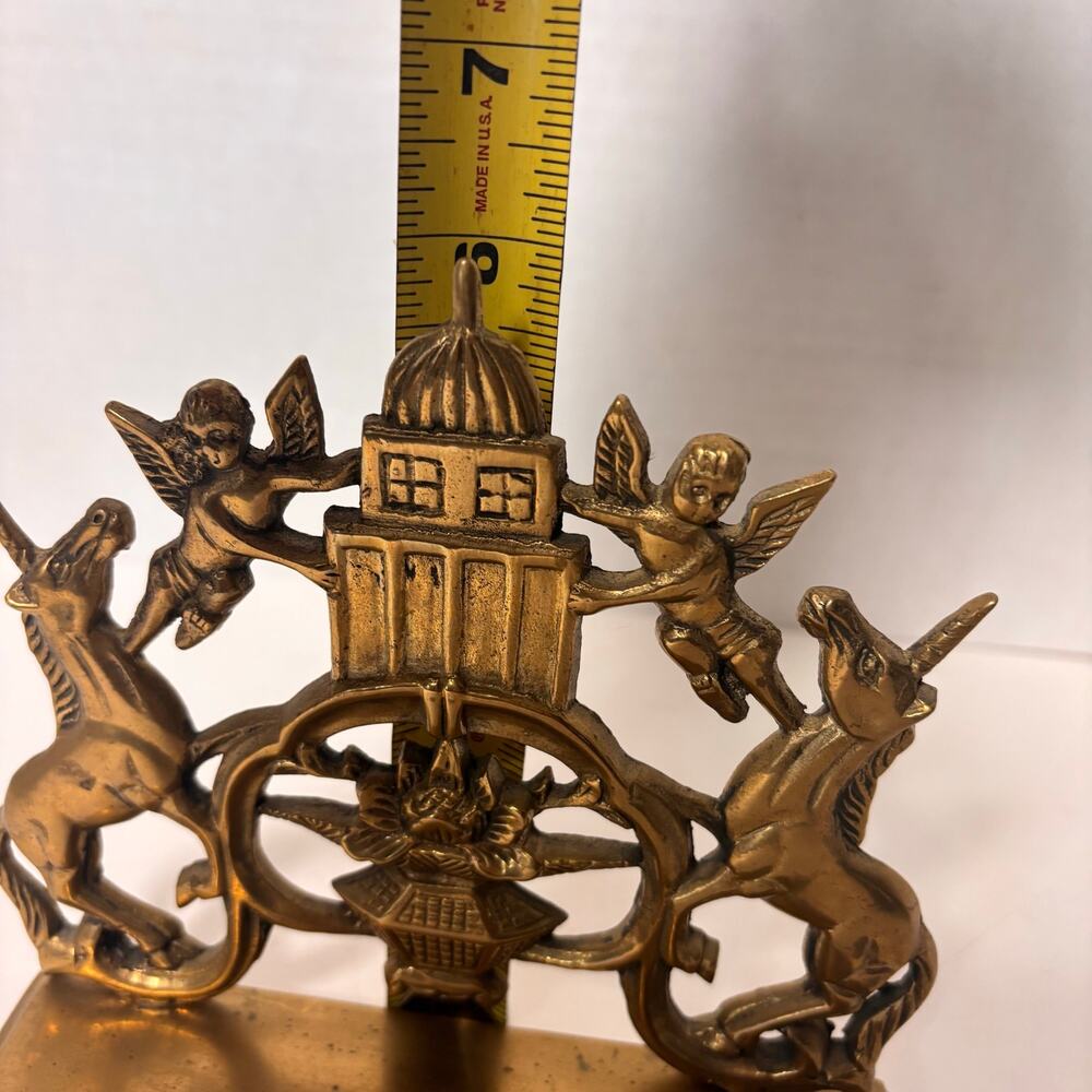 Vintage Brass Unicorn & Cherub Bookend | Hollywood Regency Fantasy Bookshelf - Picture 7 of 9